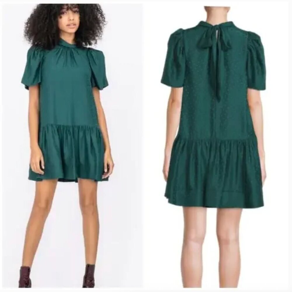 Tanya Taylor Green Swiss Polka Dot Tiered Mini Dress Flutter Sleeves